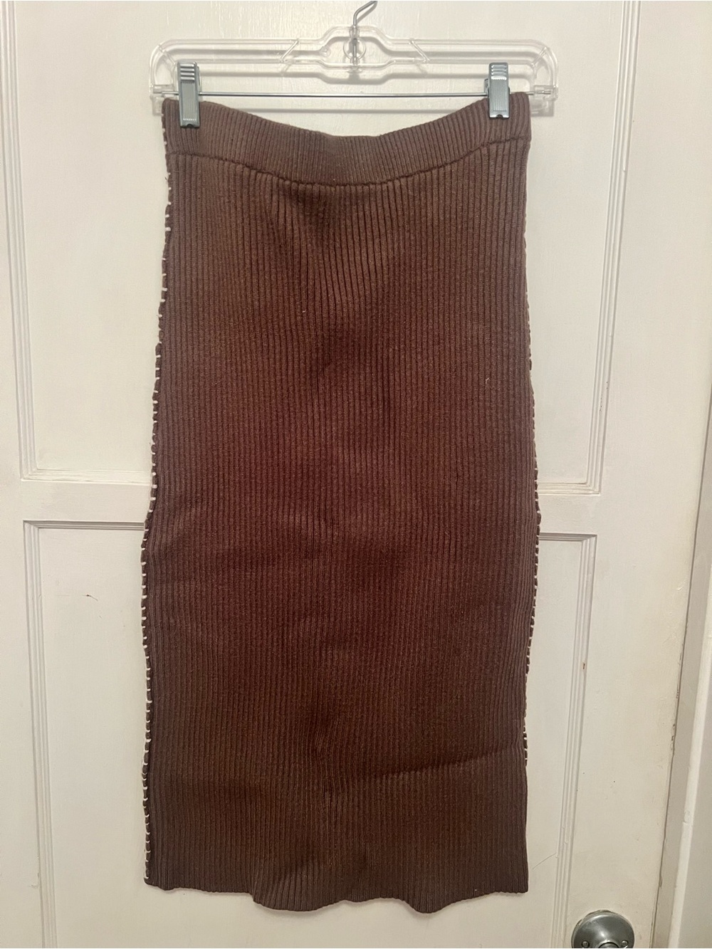 Ribbed Chocolate Brown Pencil Midi Skirt
